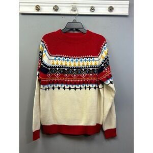 JCPenney Sweater Mens L Red Cream Vintage Fair Isle Knit Acrylic 70s 80s